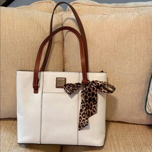 Dooney & Bourke White and Brown Tote with Leopard Bow